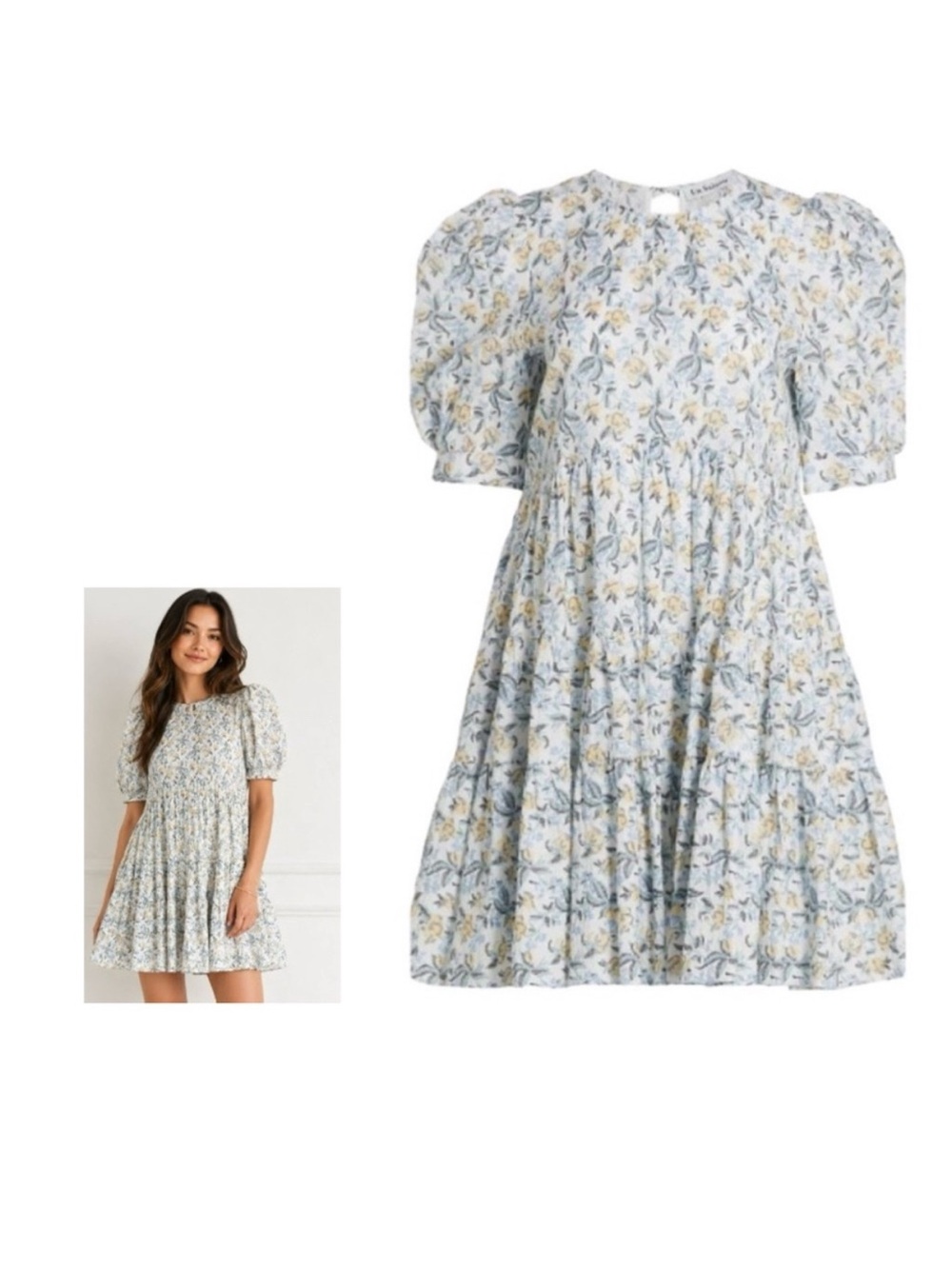 En Saison Floral Puff-Sleeve Mini Dress in Light Blue and Yellow